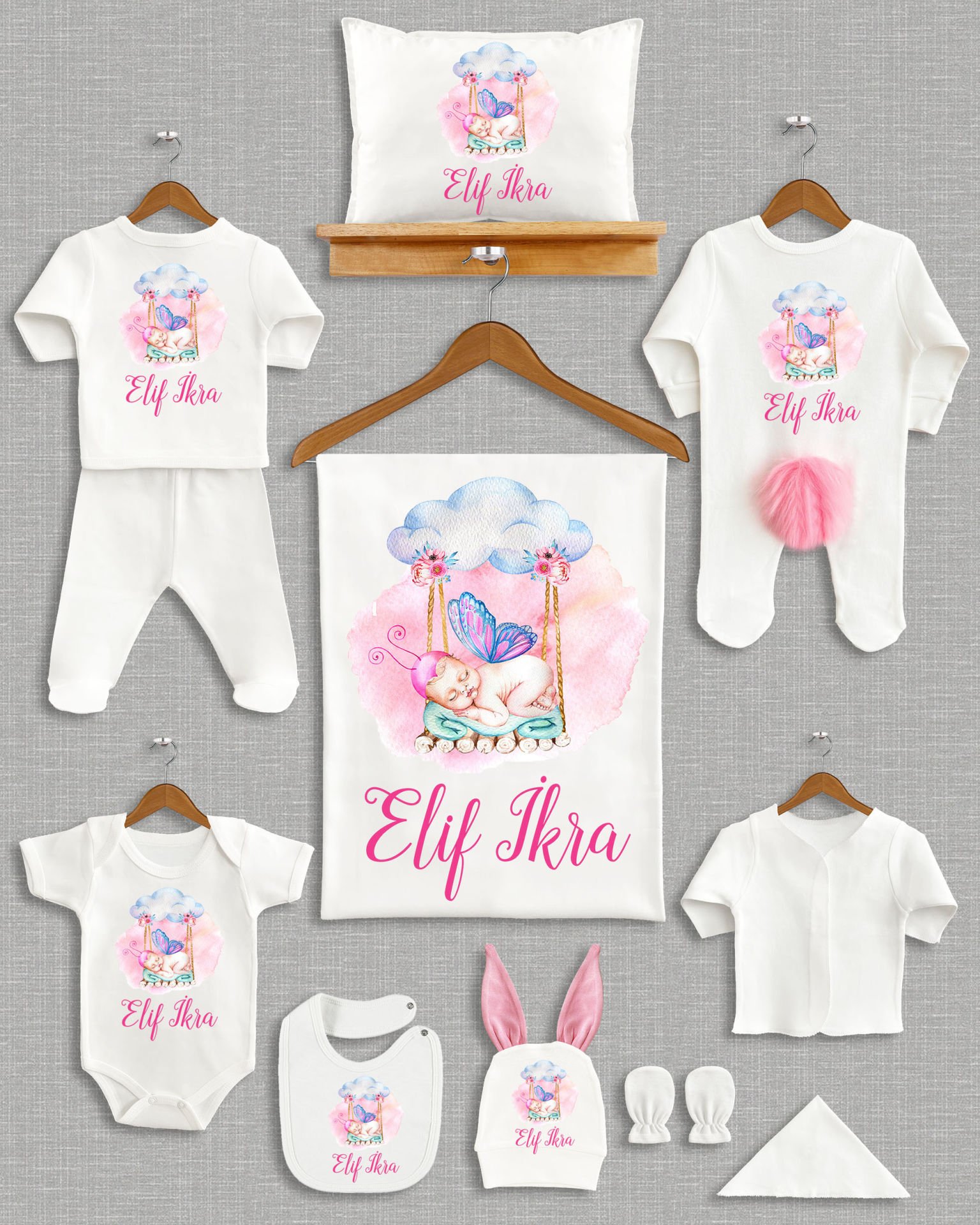 Salıncakta Uyuyan Sevimli Bebek Tasarımı Ponponlu Tavşan Kulaklı 11'li Organik Hastane Çıkışı