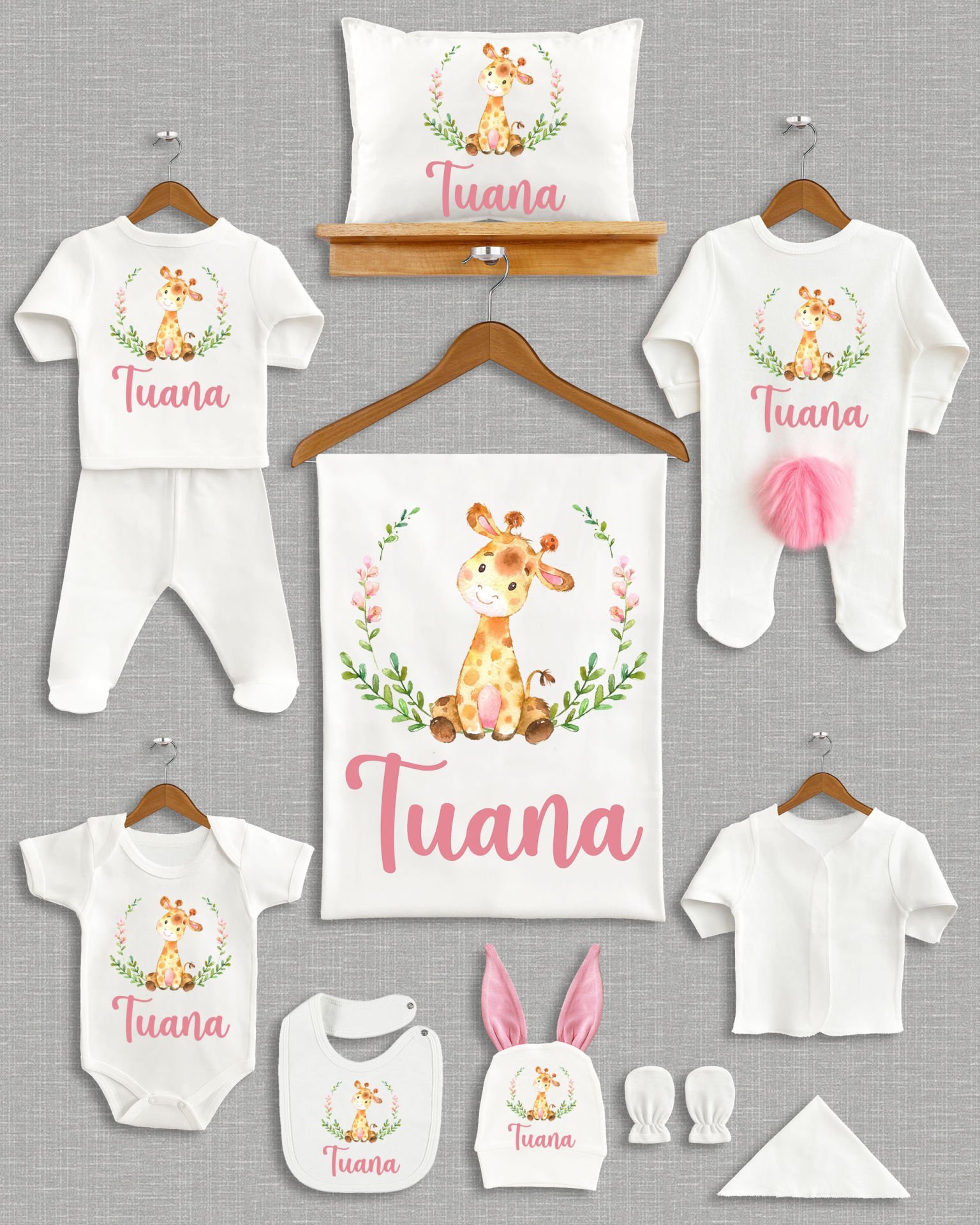 Sevimli Zürafa Tasarımı Ponponlu Tavşan Kulaklı 11'li Organik Hastane Çıkışı