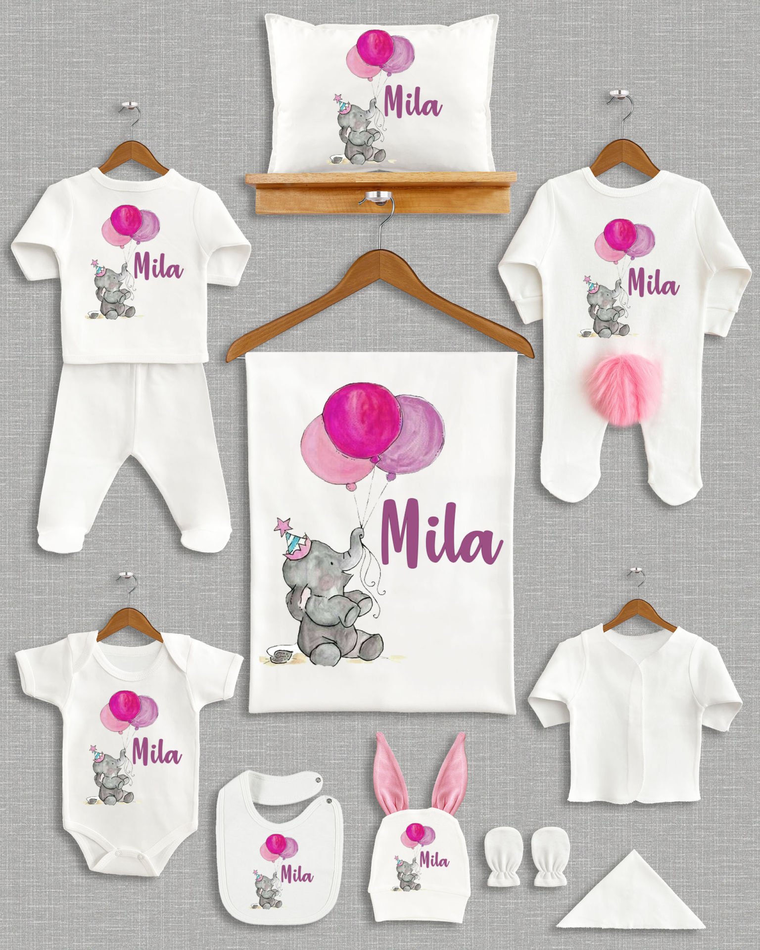 Balon Tutan Fil Tasarımı Ponponlu Tavşan Kulaklı 11'li Organik Hastane Çıkışı