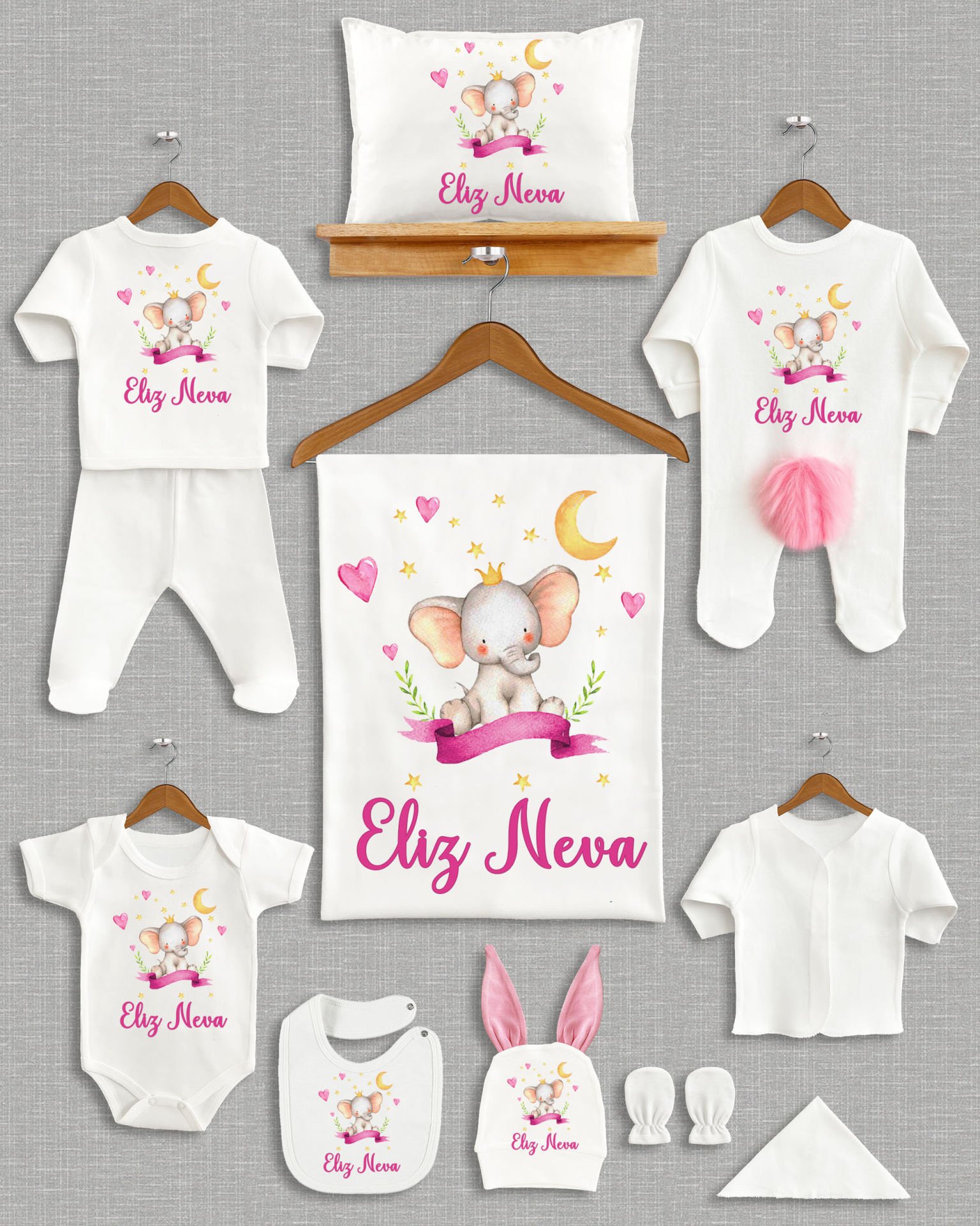 Sevimli Fil Tasarımı Ponponlu Tavşan Kulaklı 11'li Organik Hastane Çıkışı