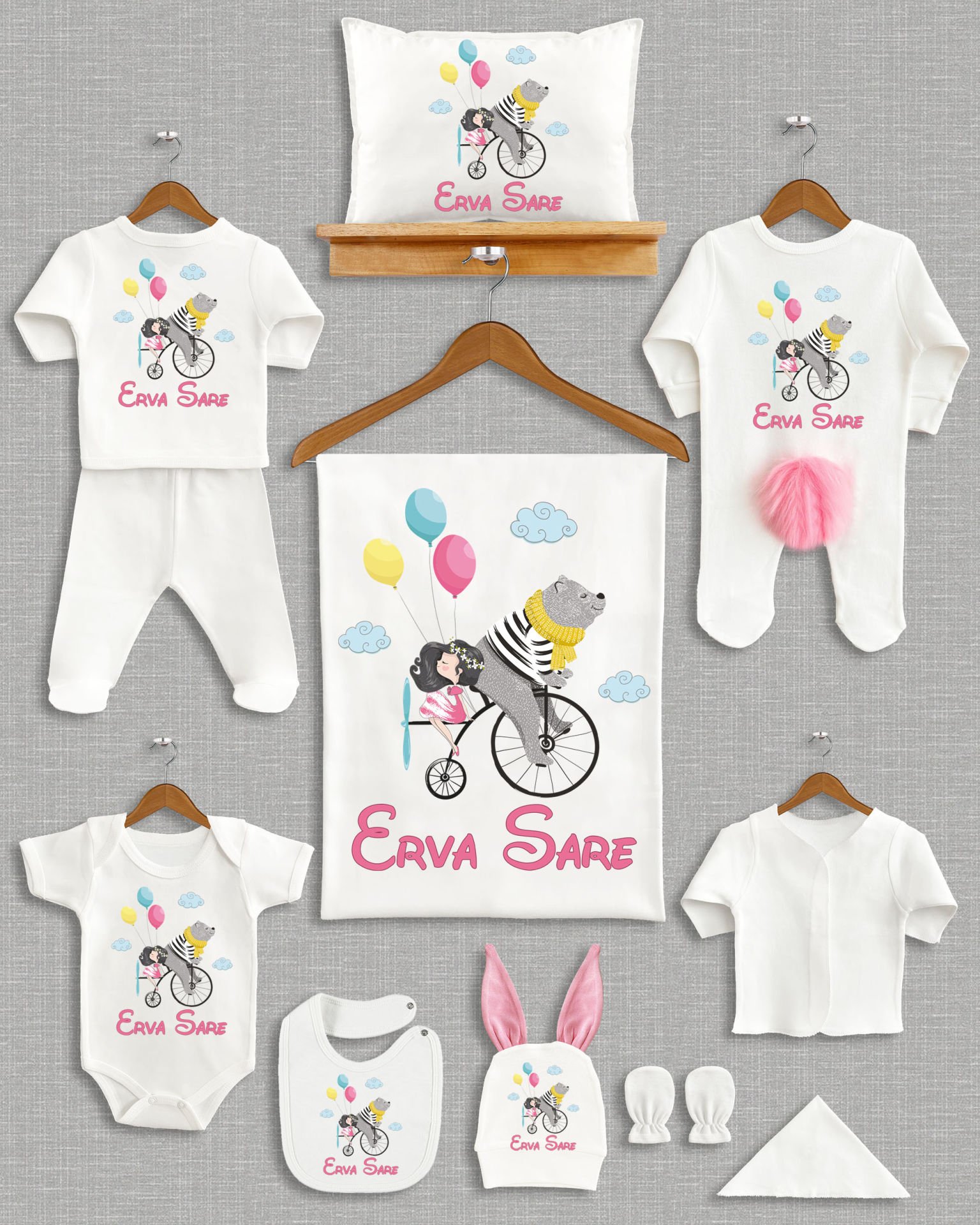 Bisiklette Sevimli Ayıcıkla Kız Tasarımı Ponponlu Tavşan Kulaklı 11'li Organik Hastane Çıkışı