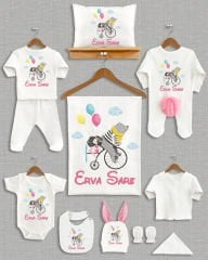 Bisiklette Sevimli Ayıcıkla Kız Tasarımı Ponponlu Tavşan Kulaklı 11'li Organik Hastane Çıkışı