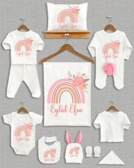 Çiçekli Gökkuşağı Tasarımı Ponponlu Tavşan Kulaklı 11'li Organik Hastane Çıkışı