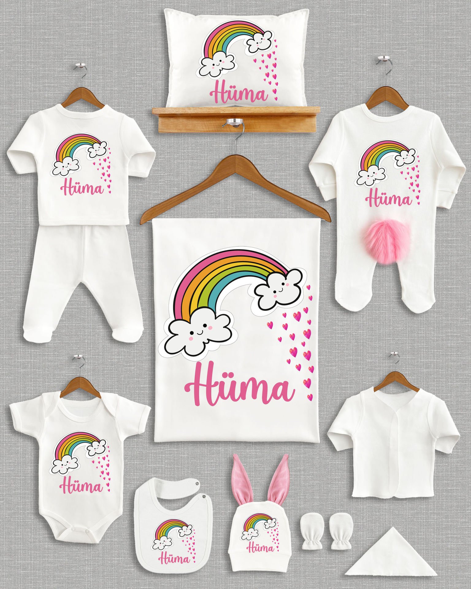 Gökkuşağı Tasarımı Ponponlu Tavşan Kulaklı 11'li Organik Hastane Çıkışı