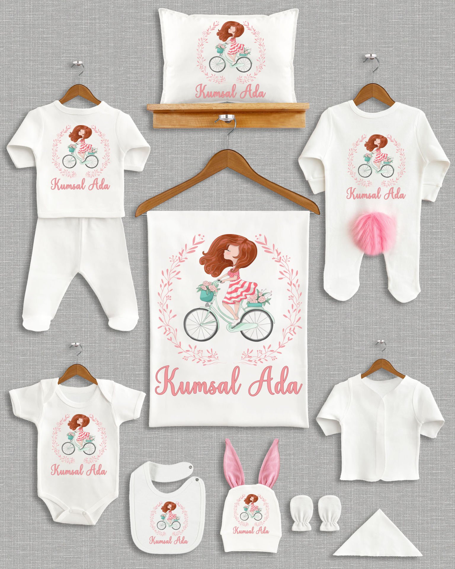 Bisikletli Sevimli Kız Tasarımı Ponponlu Tavşan Kulaklı 11'li Organik Hastane Çıkışı