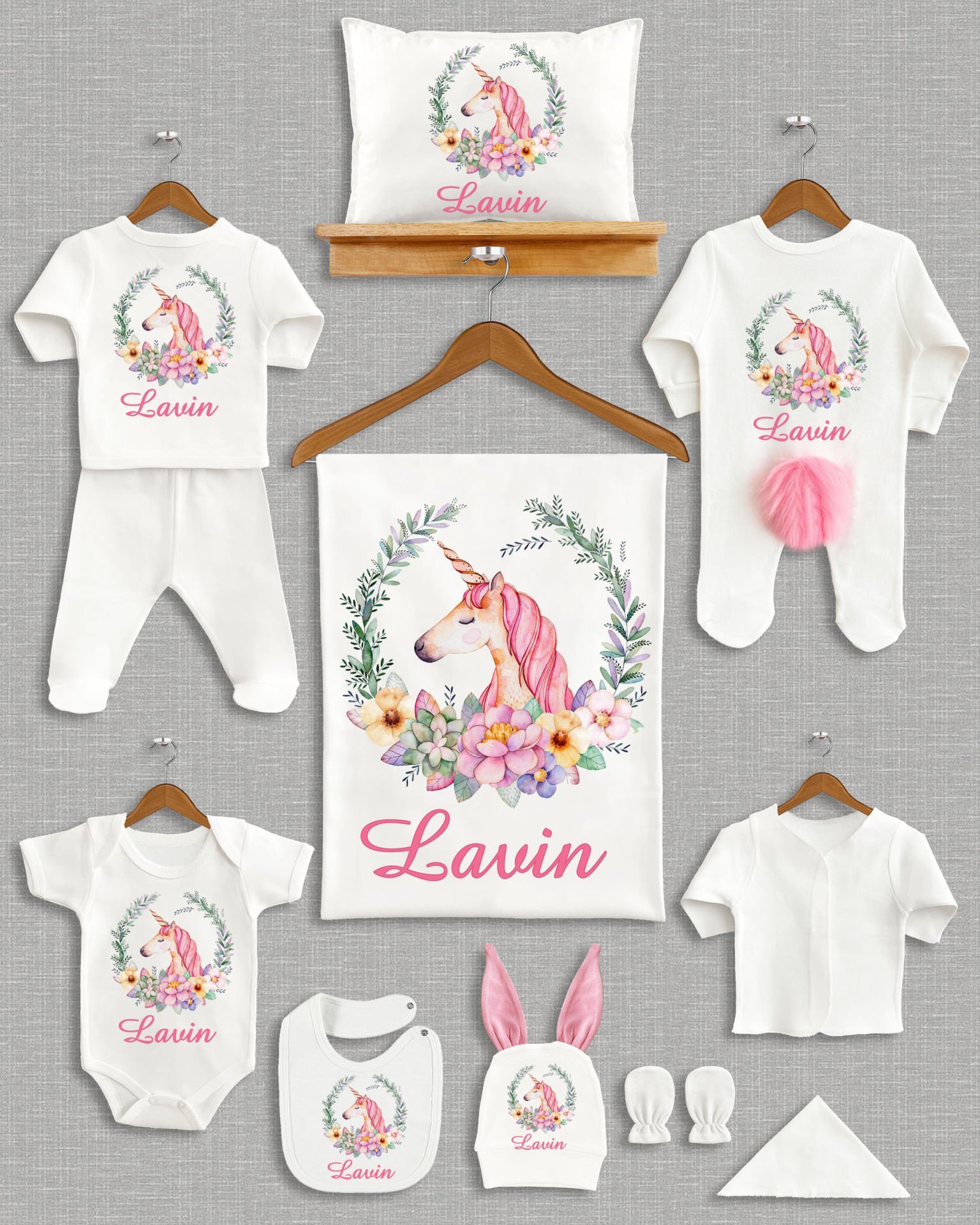 Unicorn Tasarımı Ponponlu Tavşan Kulaklı 11'li Organik Hastane Çıkışı