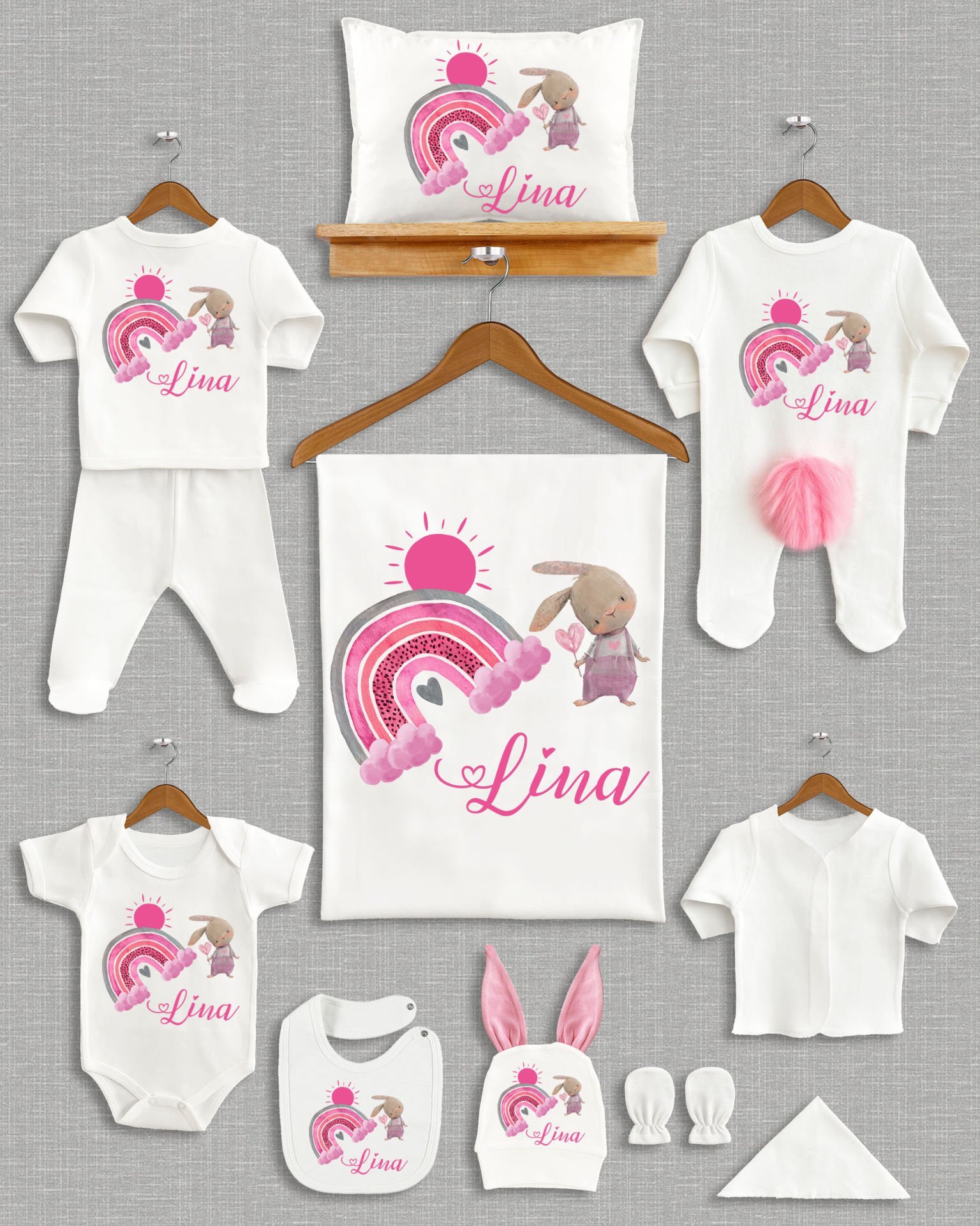 Tavşanlı Gökkuşağı Tasarımı Ponponlu Tavşan Kulaklı 11'li Organik Hastane Çıkışı