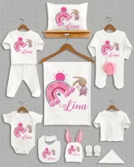 Tavşanlı Gökkuşağı Tasarımı Ponponlu Tavşan Kulaklı 11'li Organik Hastane Çıkışı