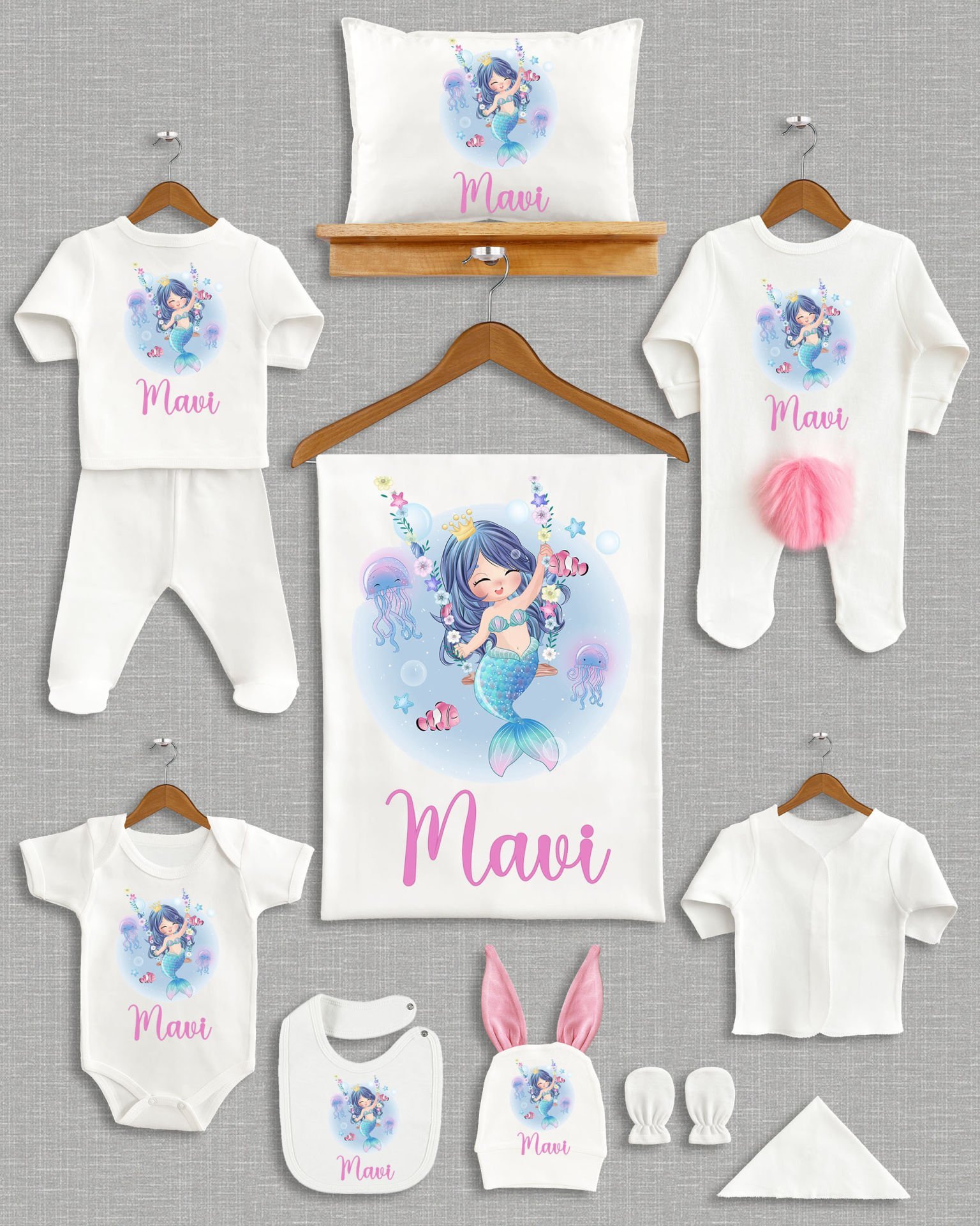 Deniz Kızı Tasarımı Ponponlu Tavşan Kulaklı 11'li Organik Hastane Çıkışı