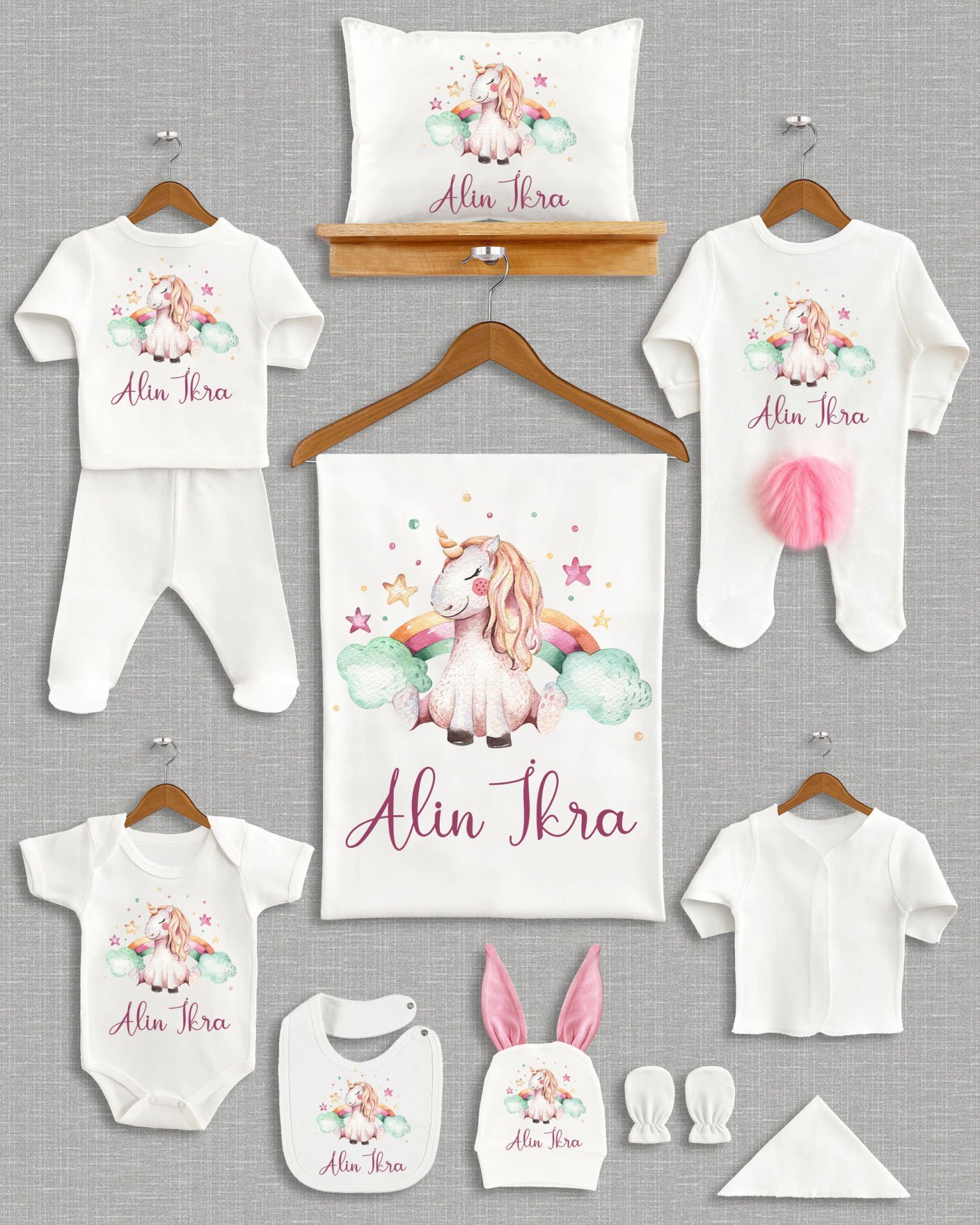 Unicorn Tasarımı Ponponlu Tavşan Kulaklı 11'li Organik Hastane Çıkışı