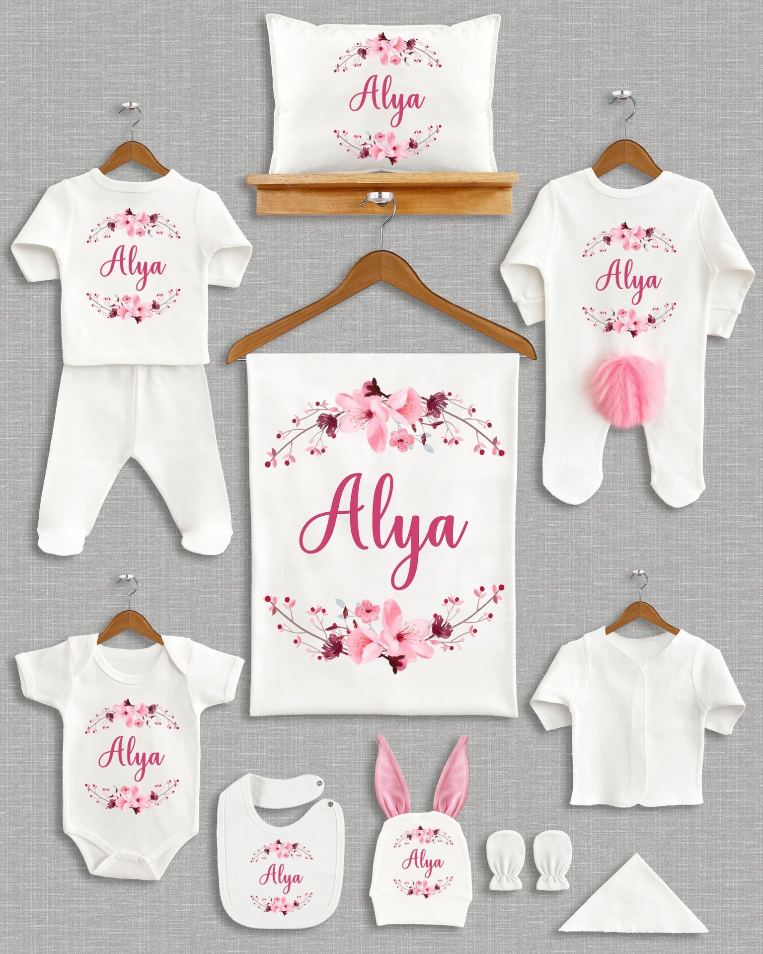 Pastel Çiçek Tasarımı Ponponlu Tavşan Kulaklı 11'li Organik Hastane Çıkışı