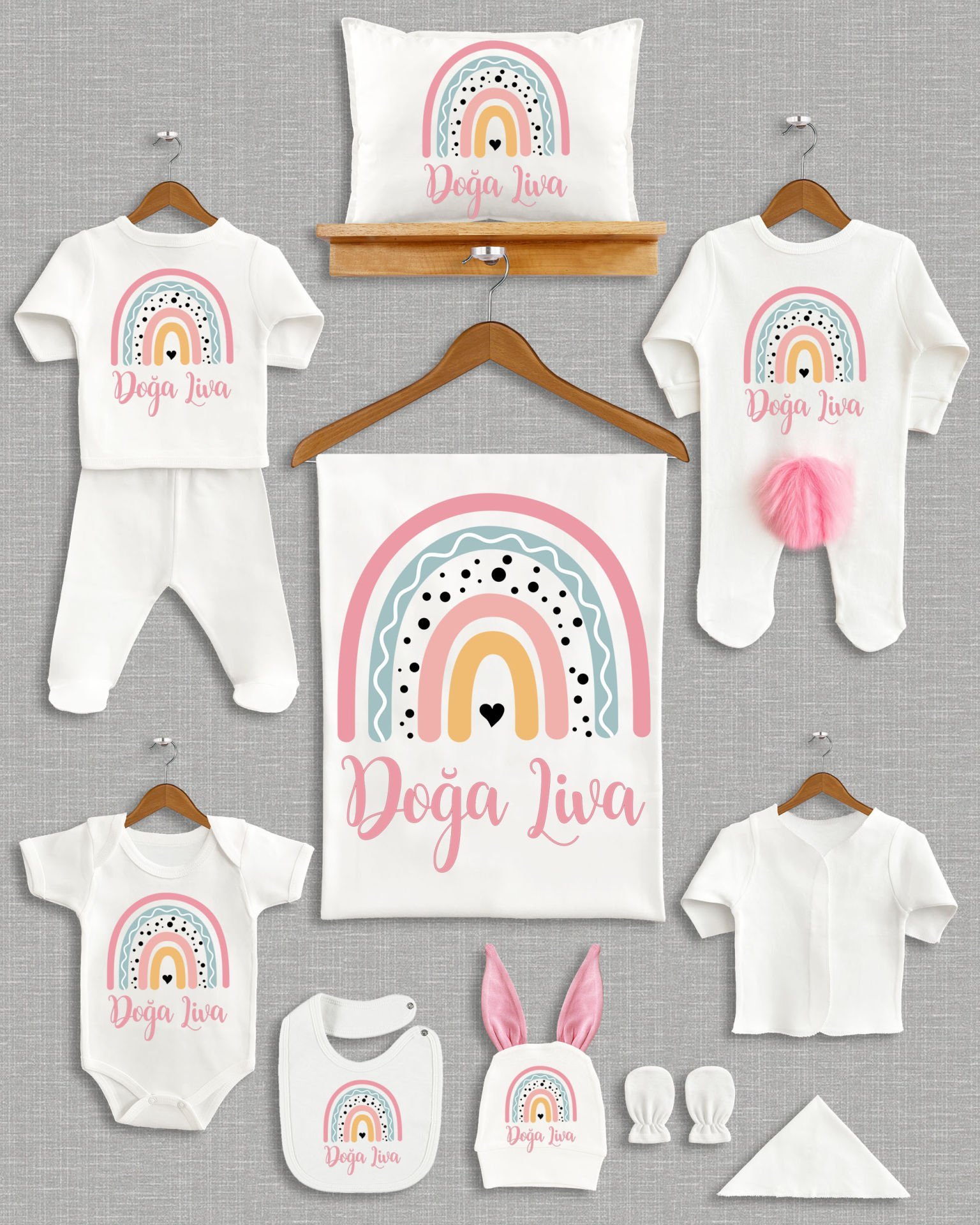 Gökkuşağı Tasarımı Ponponlu Tavşan Kulaklı 11'li Organik Hastane Çıkışı