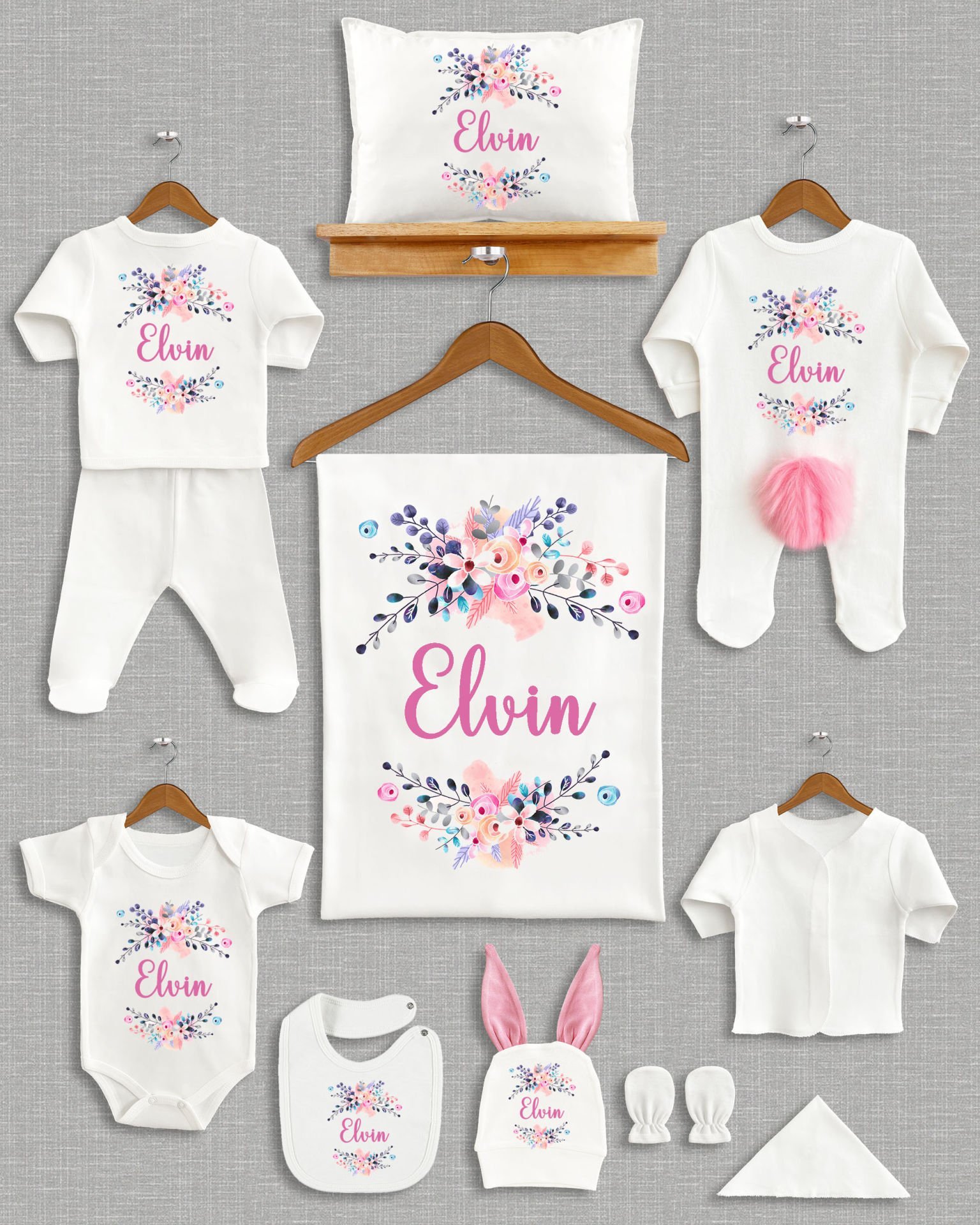 Pastel Çiçek Tasarımı Ponponlu Tavşan Kulaklı 11'li Organik Hastane Çıkışı