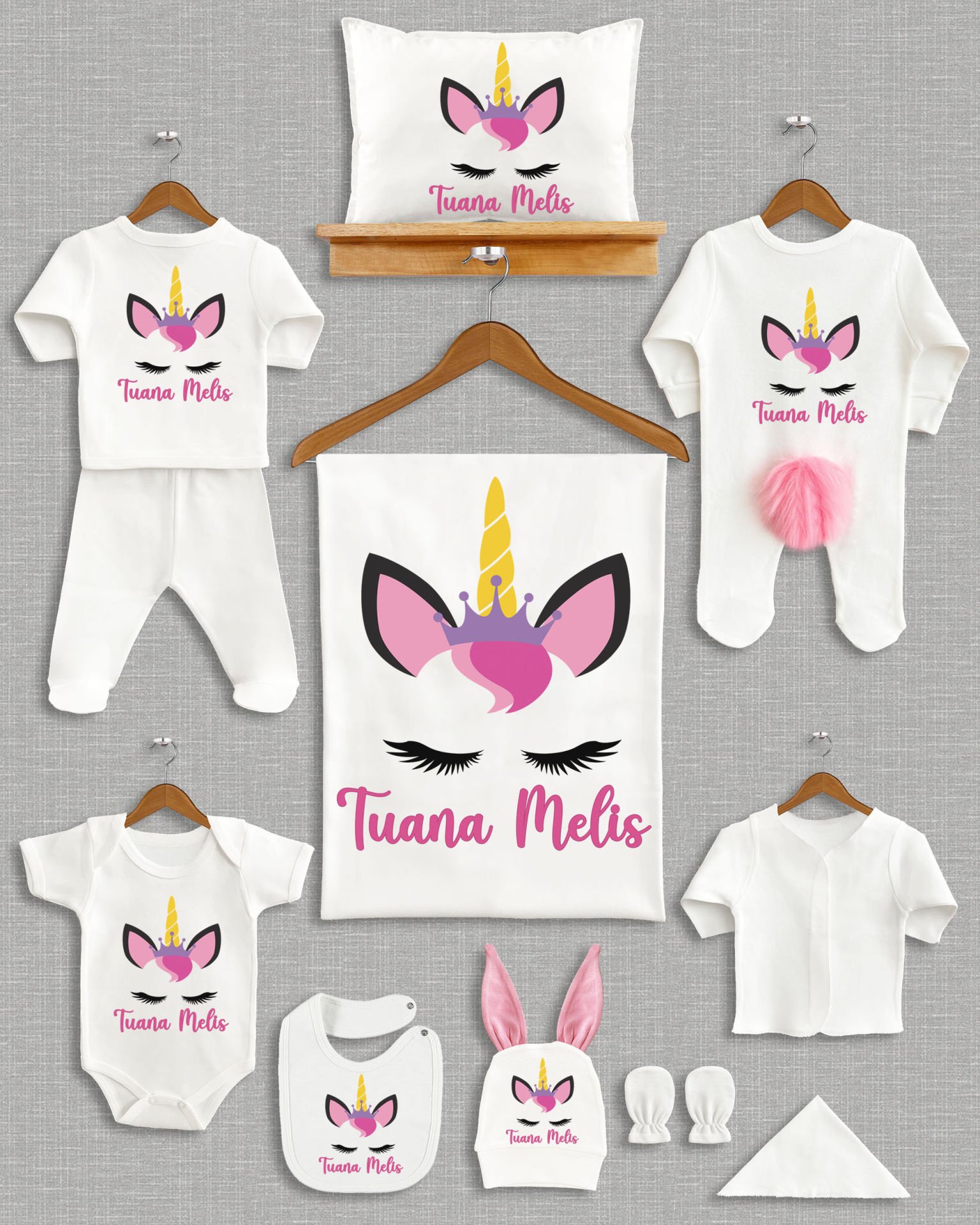 Unicorn Tasarımı Ponponlu Tavşan Kulaklı 11'li Organik Hastane Çıkışı