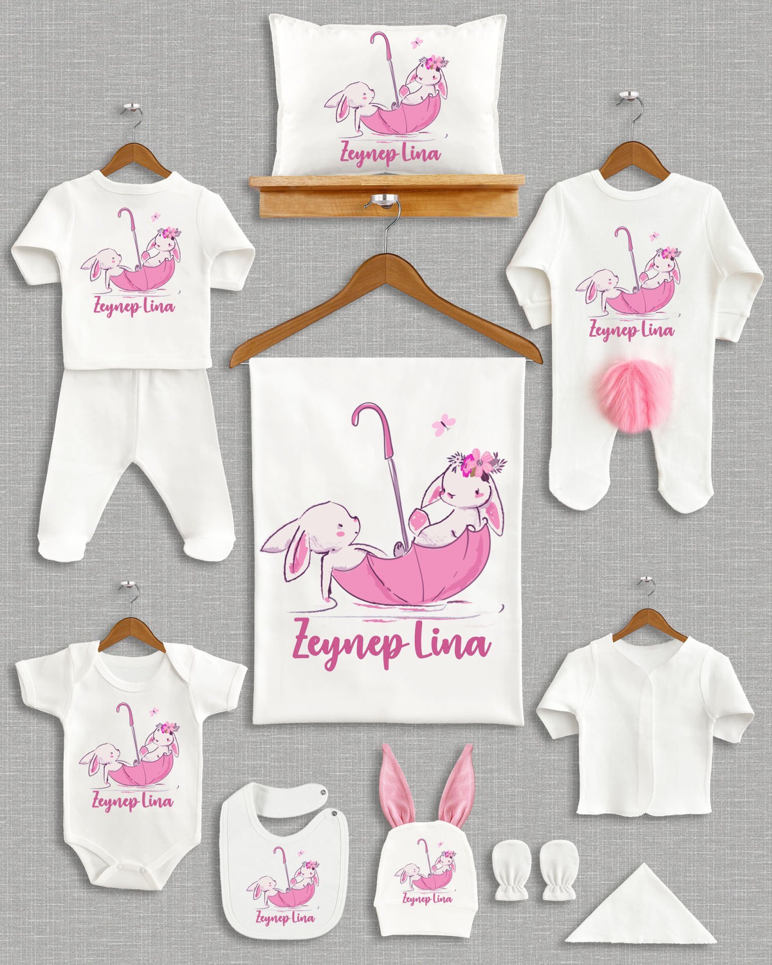 Şemsiyede Tavşanlar Tasarımı Ponponlu Tavşan Kulaklı 11'li Organik Hastane Çıkışı