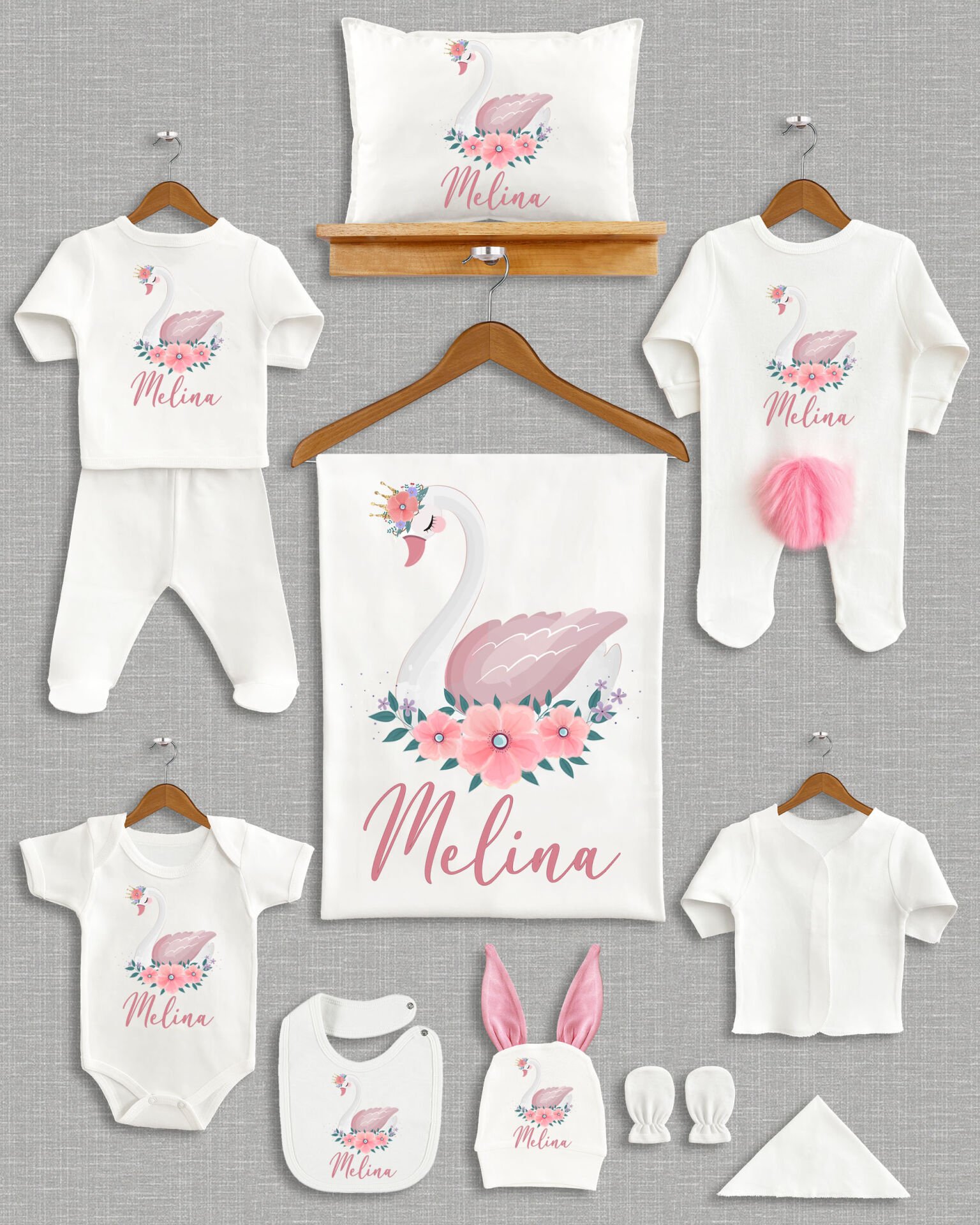 Kuğu Tasarımı Ponponlu Tavşan Kulaklı 11'li Organik Hastane Çıkışı