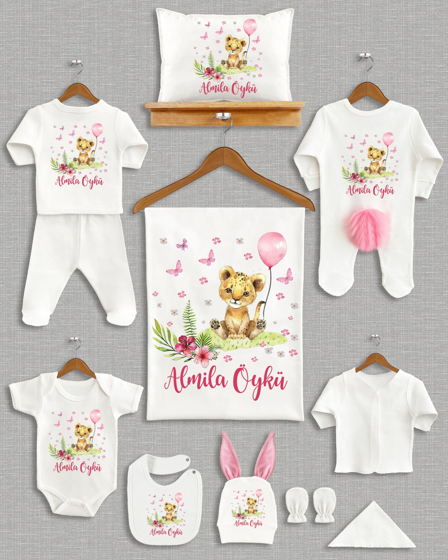 Sevimli Aslan Tasarımı Ponponlu Tavşan Kulaklı 11'li Organik Hastane Çıkışı