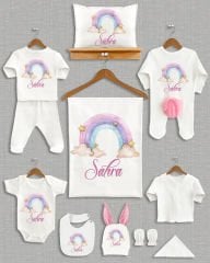 Pastel Gökkuşağı Tasarımı Ponponlu Tavşan Kulaklı 11'li Organik Hastane Çıkışı