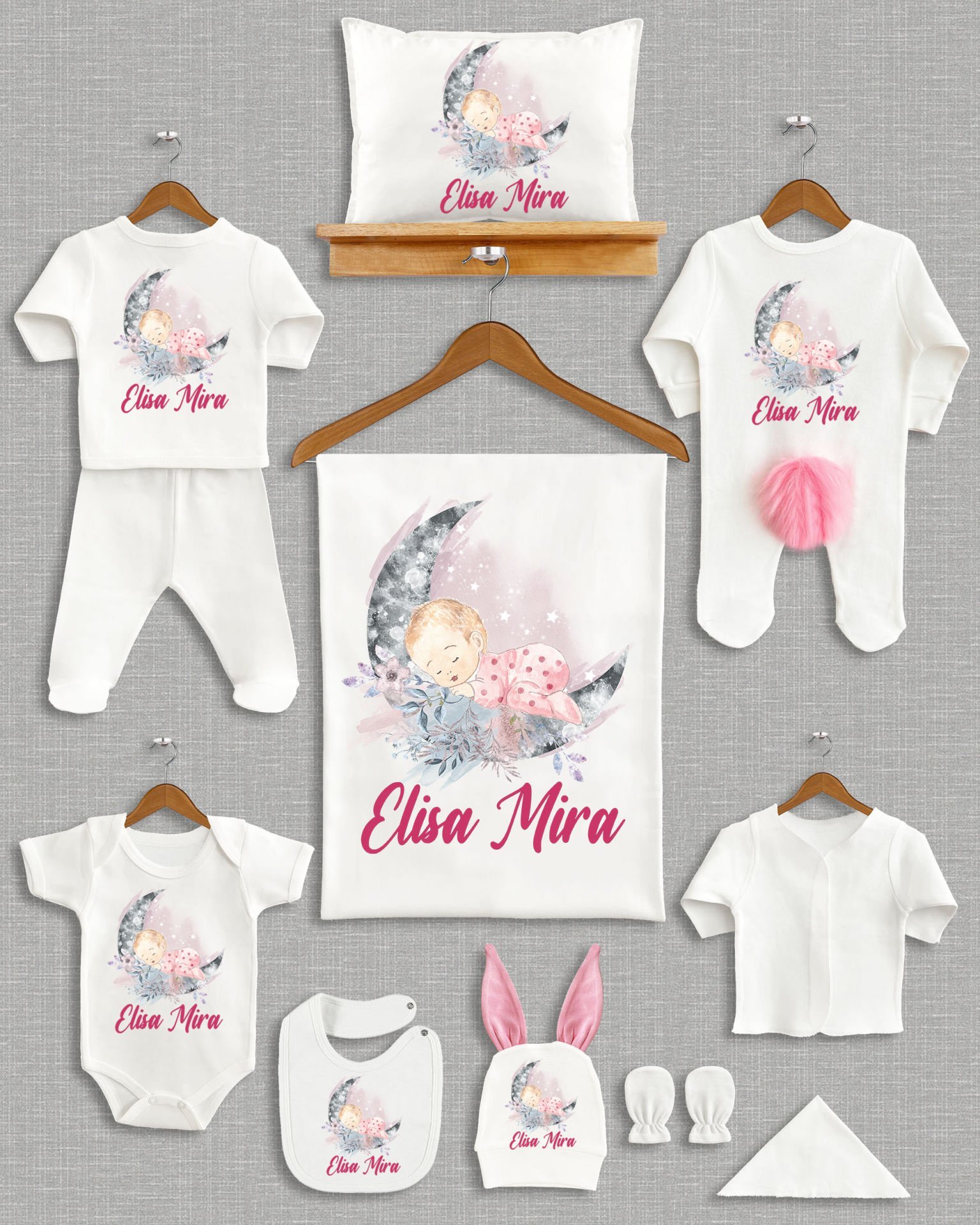 Sevimli Bebek Tasarımı Ponponlu Tavşan Kulaklı 11'li Organik Hastane Çıkışı