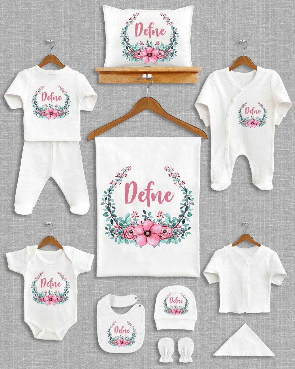 Pembe Çiçekli Yapraklı Tasarım 11'li Organik Hastane Çıkışı