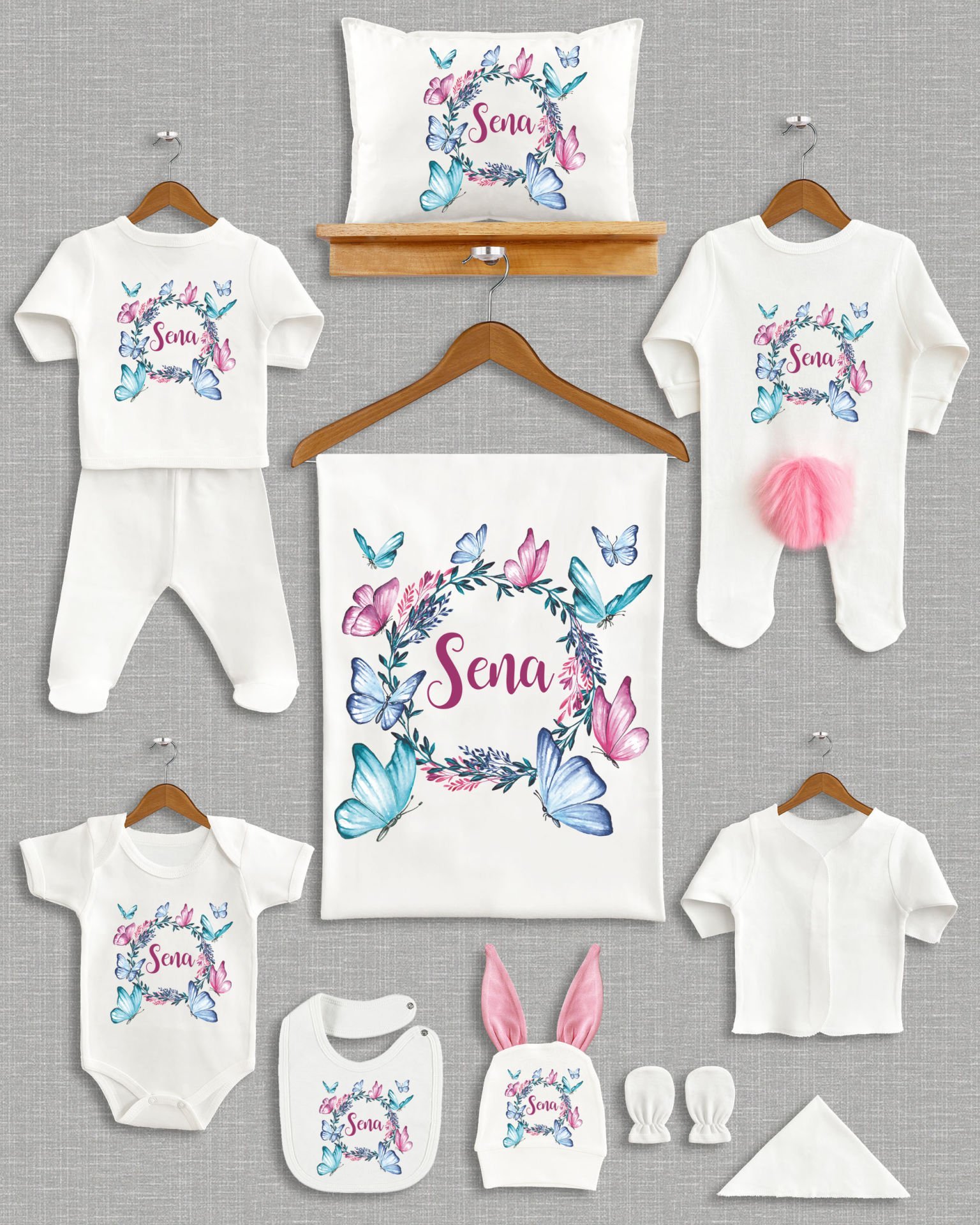 Kelebekli Çelenk Tasarımı Ponponlu Tavşan Kulaklı 11'li Organik Hastane Çıkışı