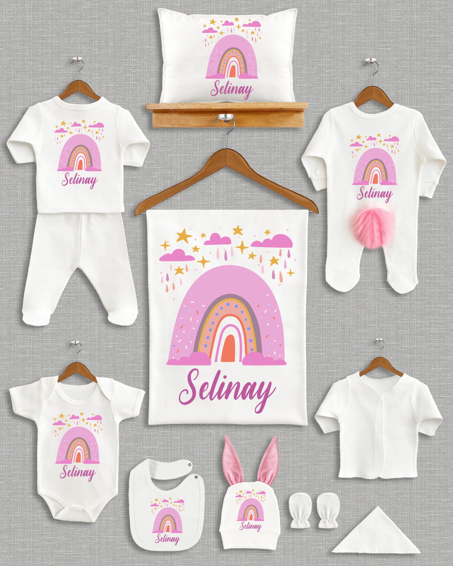 Gökkuşağı Tasarımı Ponponlu Tavşan Kulaklı 11'li Organik Hastane Çıkışı