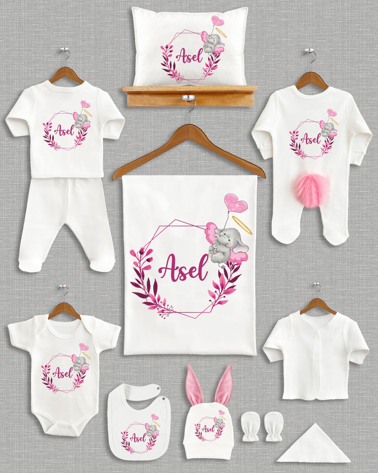 Balon Tutan Fil Tasarımı Ponponlu Tavşan Kulaklı 11'li Organik Hastane Çıkışı