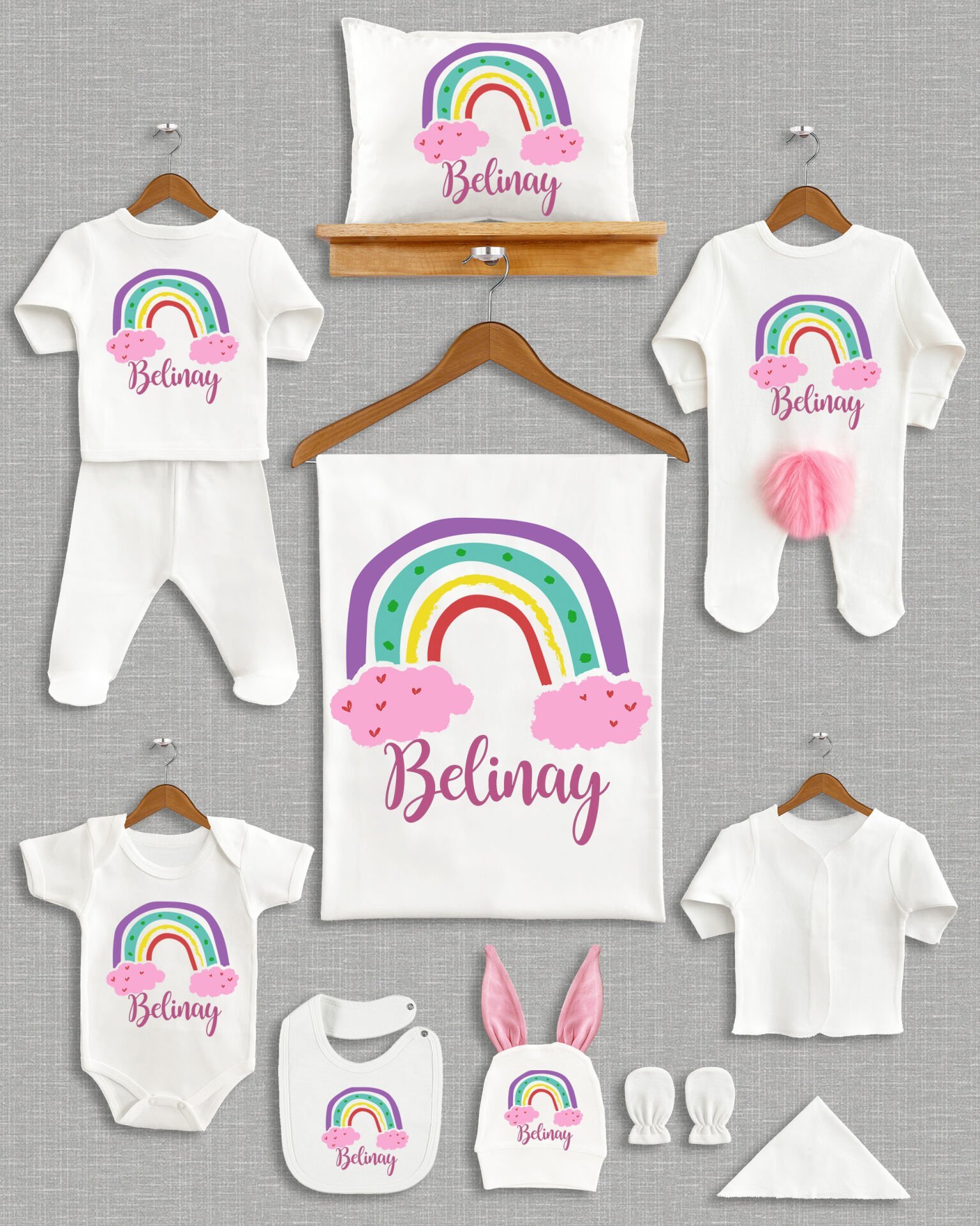 Gökkuşağı Tasarımı Ponponlu Tavşan Kulaklı 11'li Organik Hastane Çıkışı