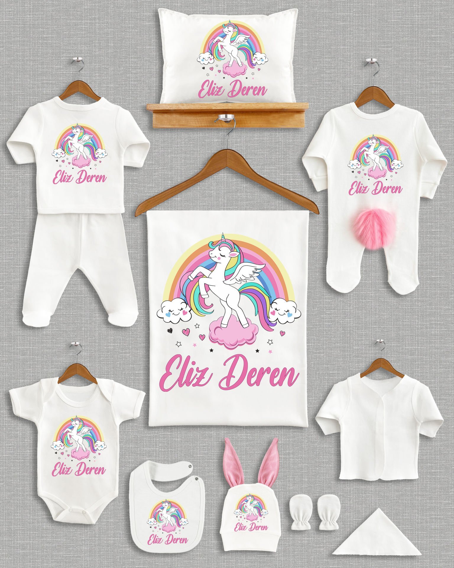 Gökkuşağında Unicorn Tasarımı Ponponlu Tavşan Kulaklı 11'li Organik Hastane Çıkışı