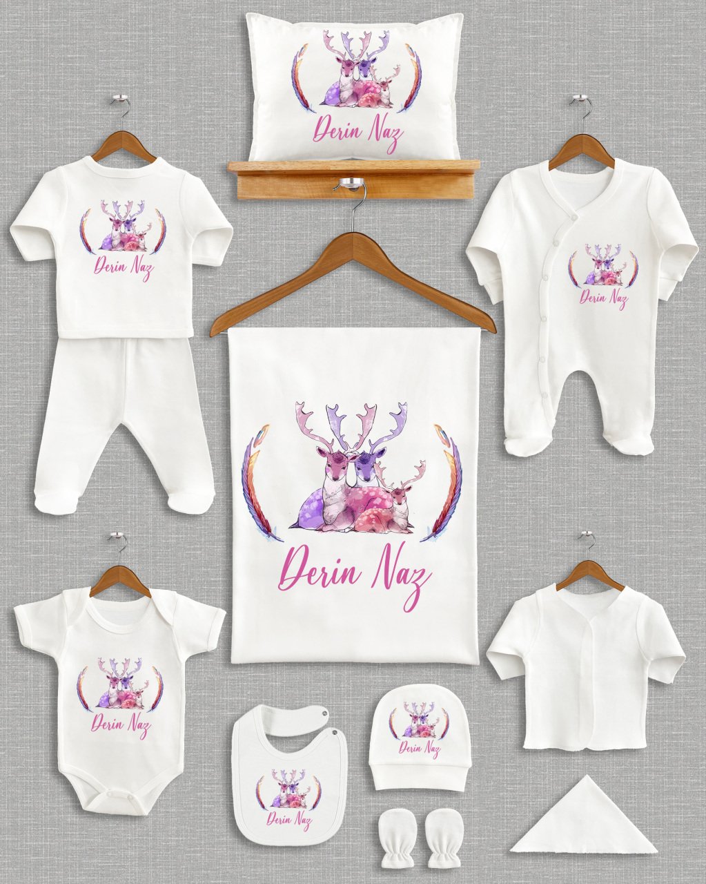 Pembe Mor Üçlü Geyik Tasarımı 11'li Organik Hastane Çıkışı