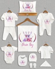 Pembe Mor Üçlü Geyik Tasarımı 11'li Organik Hastane Çıkışı