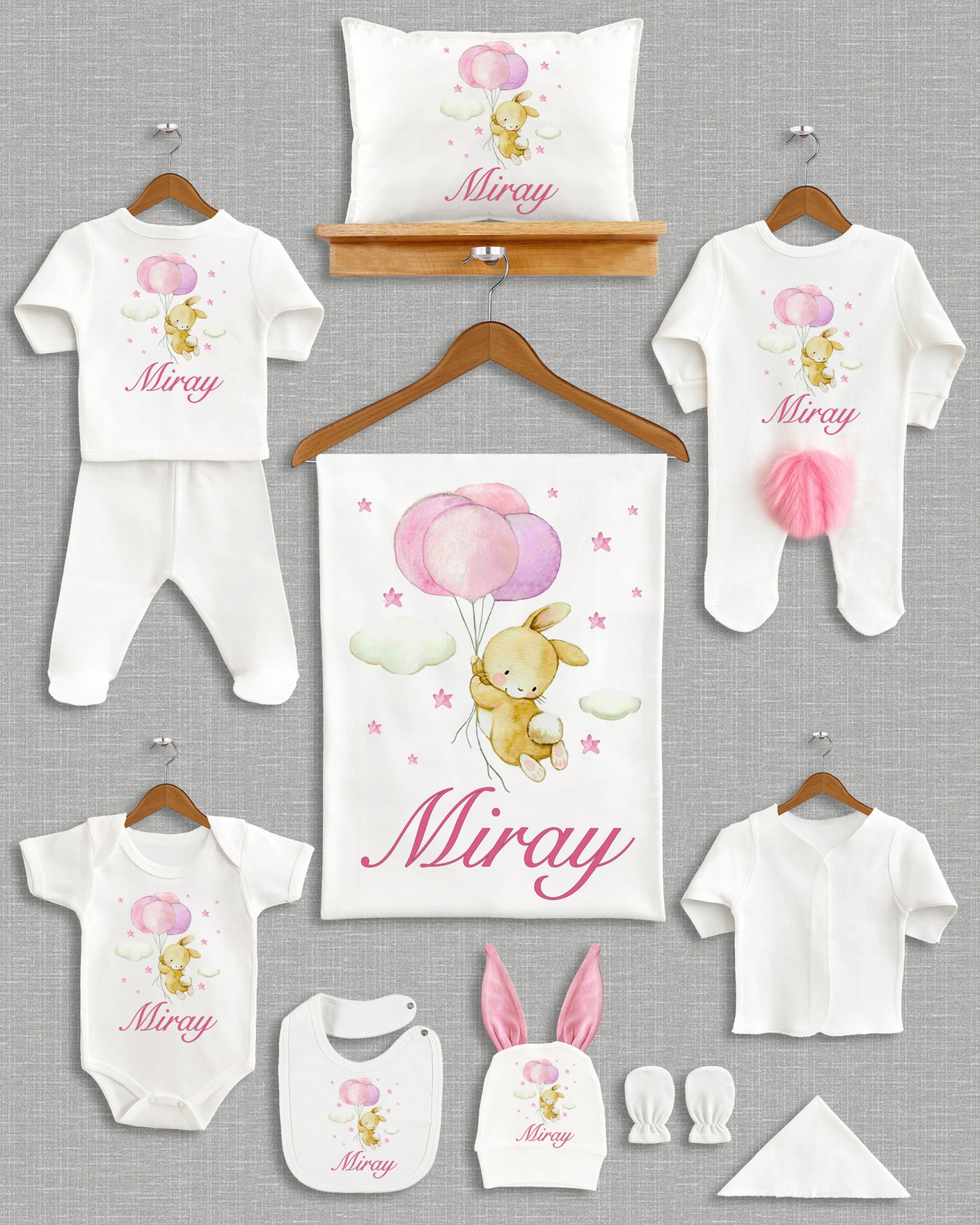 Balon Tutan Tavşan Tasarımı Ponponlu Tavşan Kulaklı 11'li Organik Hastane Çıkışı