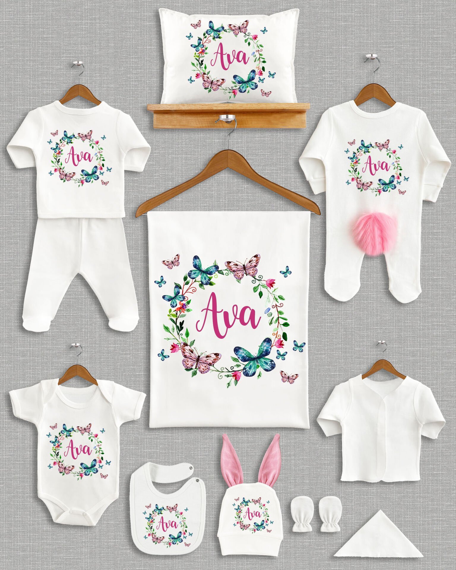 Kelebek Çelenk Tasarımı Ponponlu Tavşan Kulaklı 11'li Organik Hastane Çıkışı