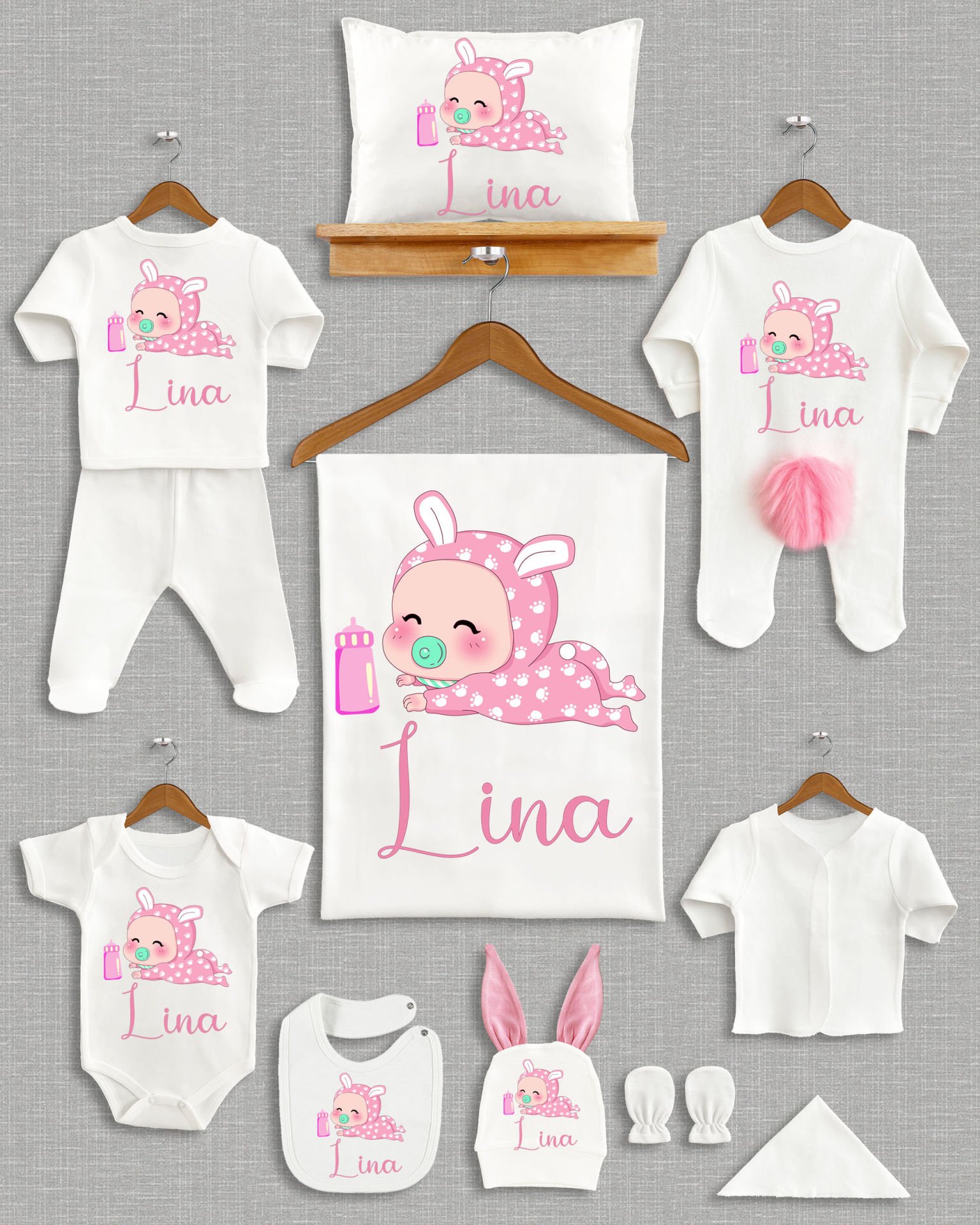 Sevimli Bebek Tasarımı Ponponlu Tavşan Kulaklı 11'li Organik Hastane Çıkışı