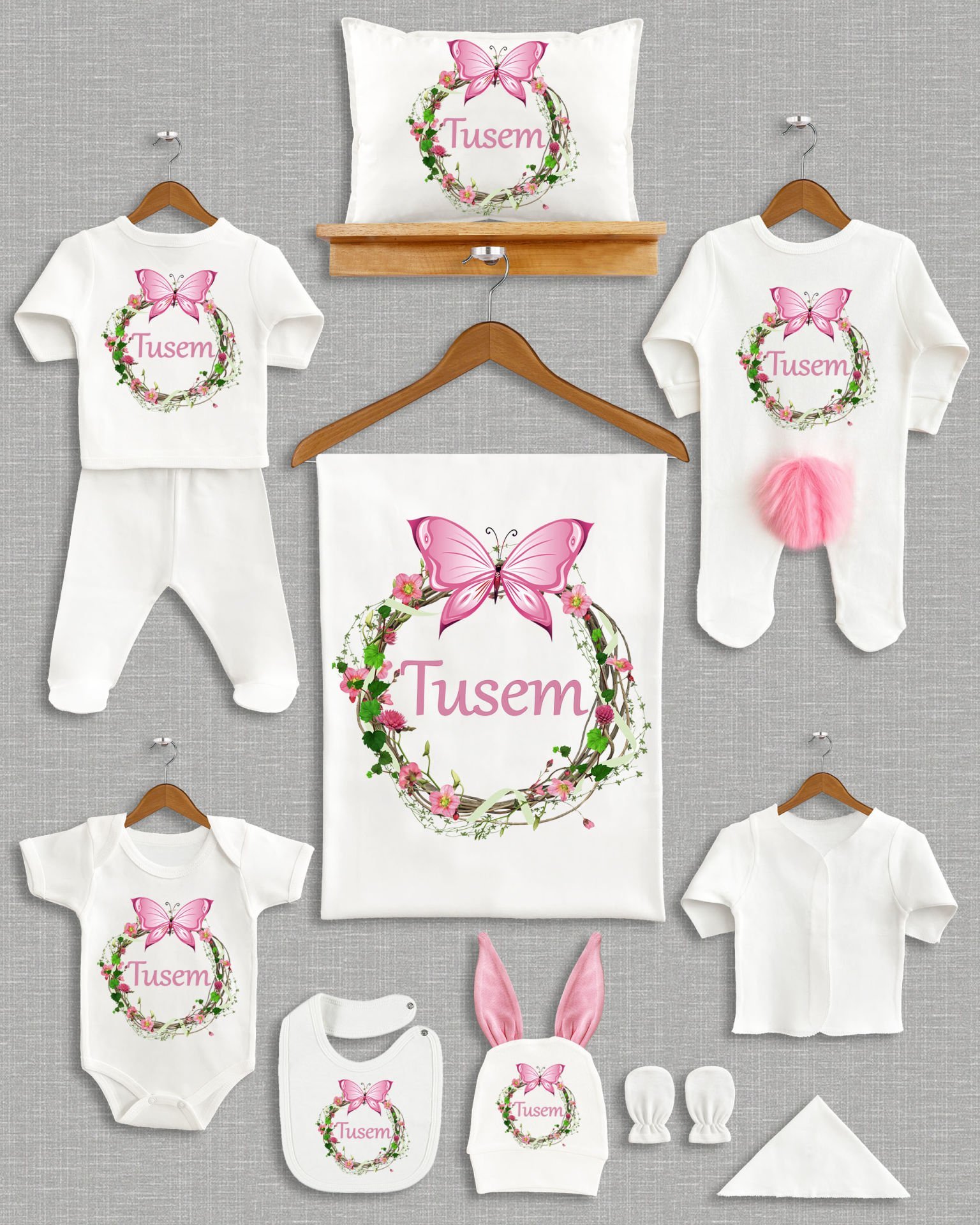 Kelebekli Çiçek Tasarımı Ponponlu Tavşan Kulaklı 11'li Organik Hastane Çıkışı