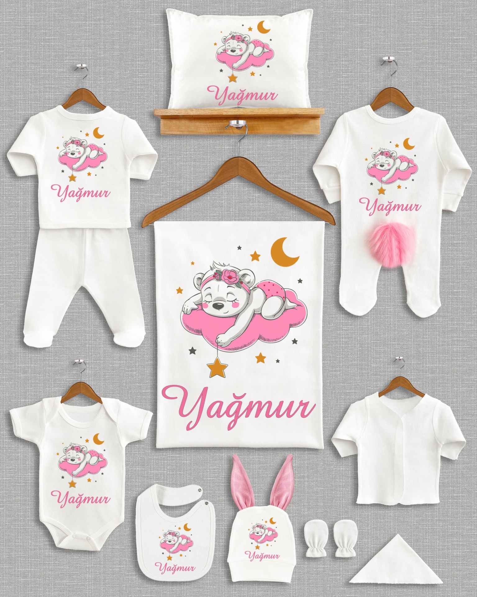 Bulut Üstünde Sevimli Ayıcık Tasarımı Ponponlu Tavşan Kulaklı 11'li Organik Hastane Çıkışı