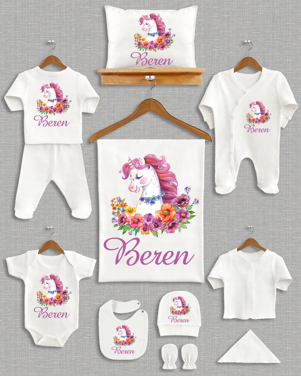 Renkli Çiçekli Unicorn Tasarımı 11'li Organik Hastane Çıkışı