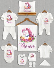 Renkli Çiçekli Unicorn Tasarımı 11'li Organik Hastane Çıkışı