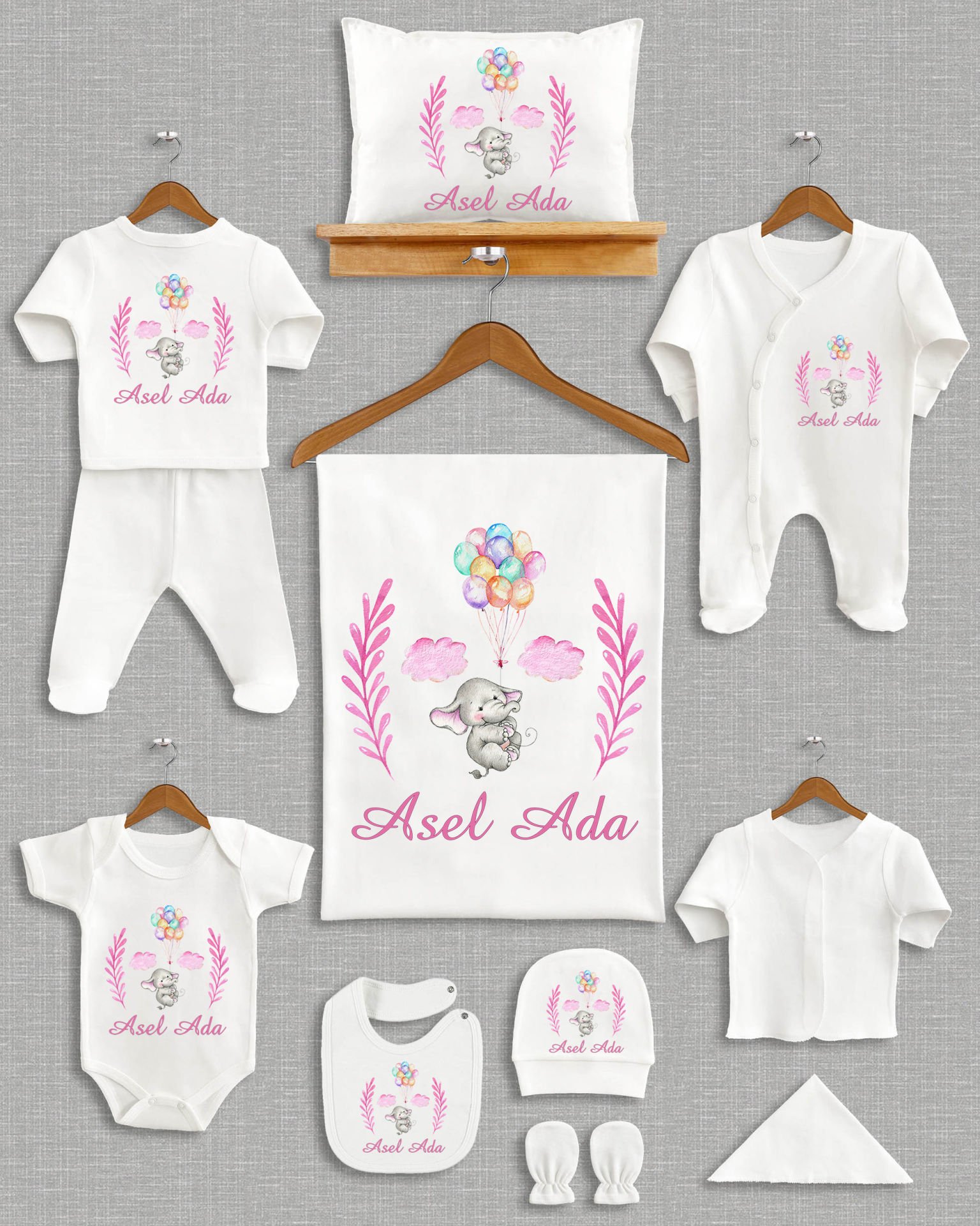 Renkli Balon Tutan Fil Tasarımı 11'li Organik Hastane Çıkışı