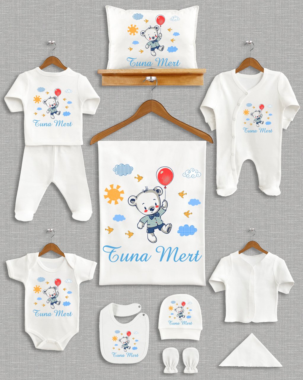 Balon Tutan Sevimli Ayıcık Bulut Güneş Tasarımı 11'li Organik Hastane Çıkışı