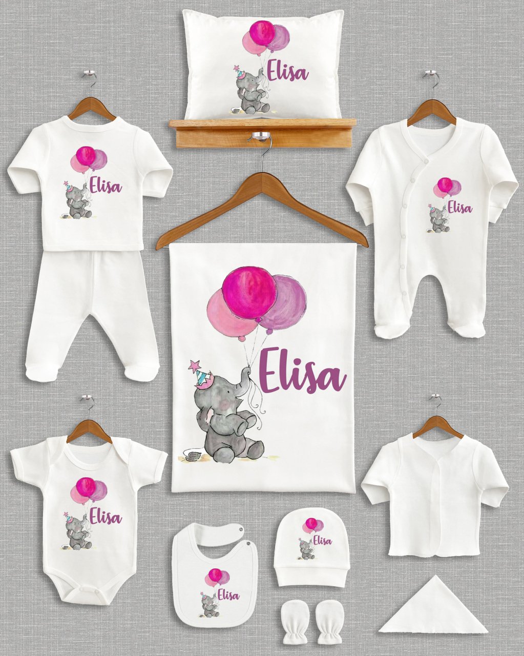 Renkli Balon Tutan Sevimli Fil Tasarımı 11'li Organik Hastane Çıkışı