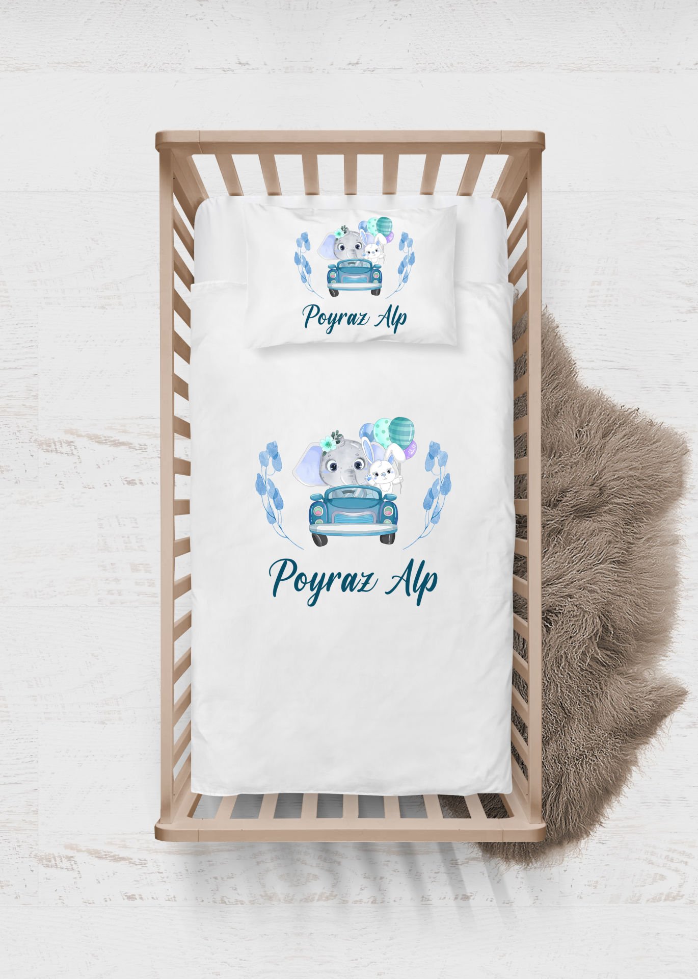 Mavi Arabada Sevimli Hayvanlar Tasarımı Nevresim Takımı