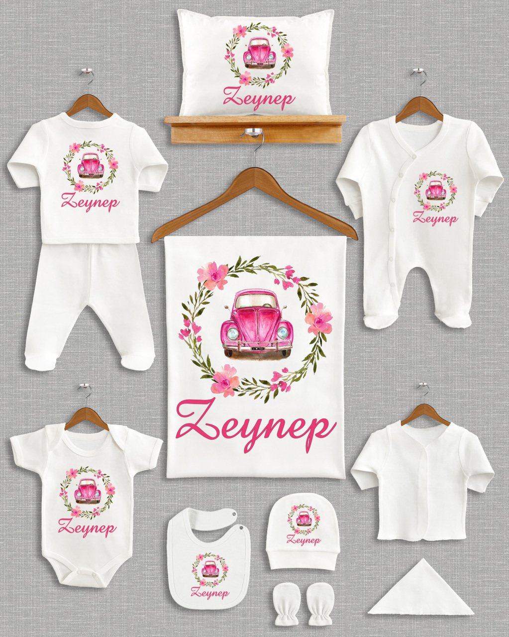 Çiçekli Pembe Vosvos Tasarımı 11'li Organik Hastane Çıkışı