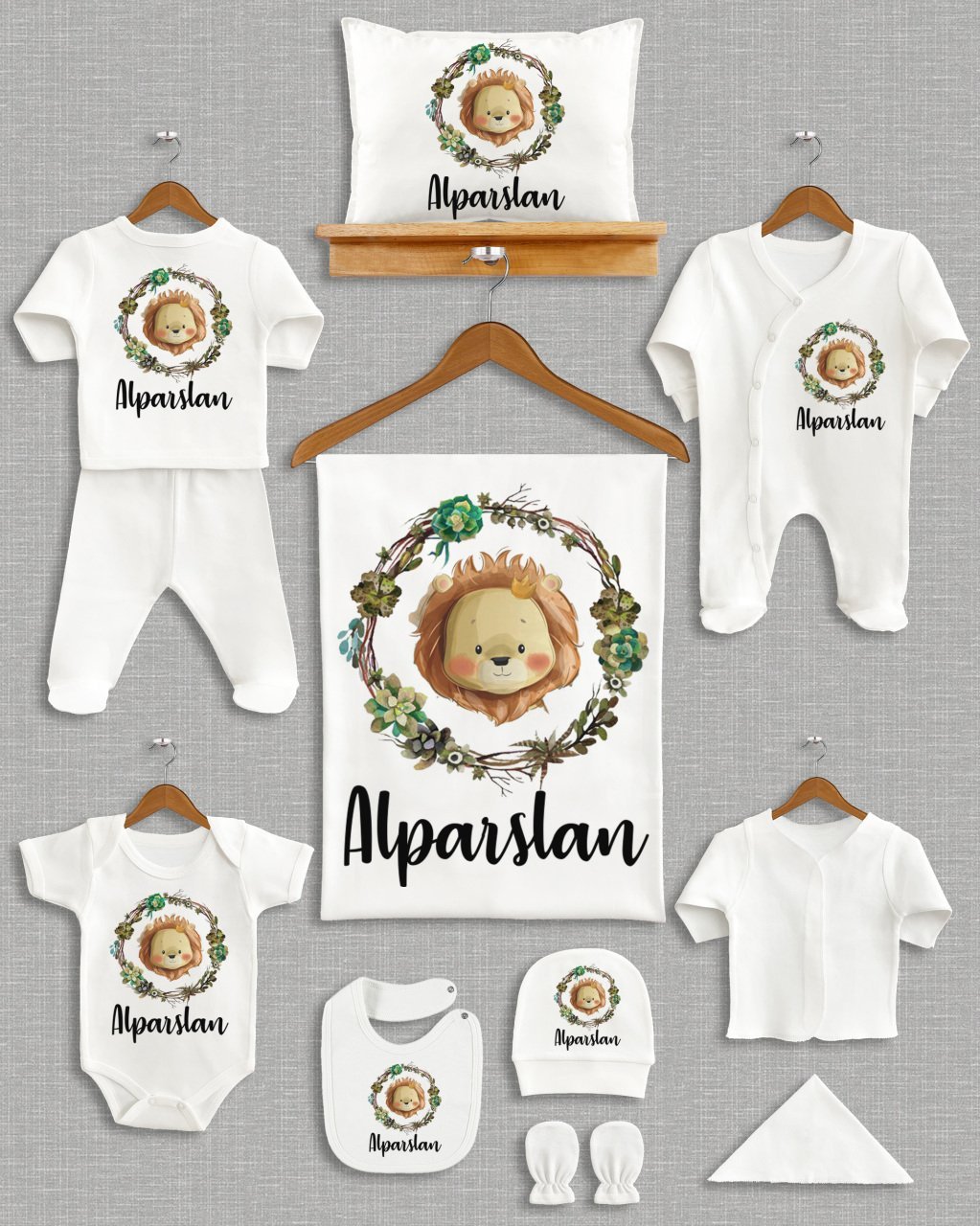 Yeşil Çiçekli Sevimli Aslancık Tasarımı 11'li Organik Hastane Çıkışı