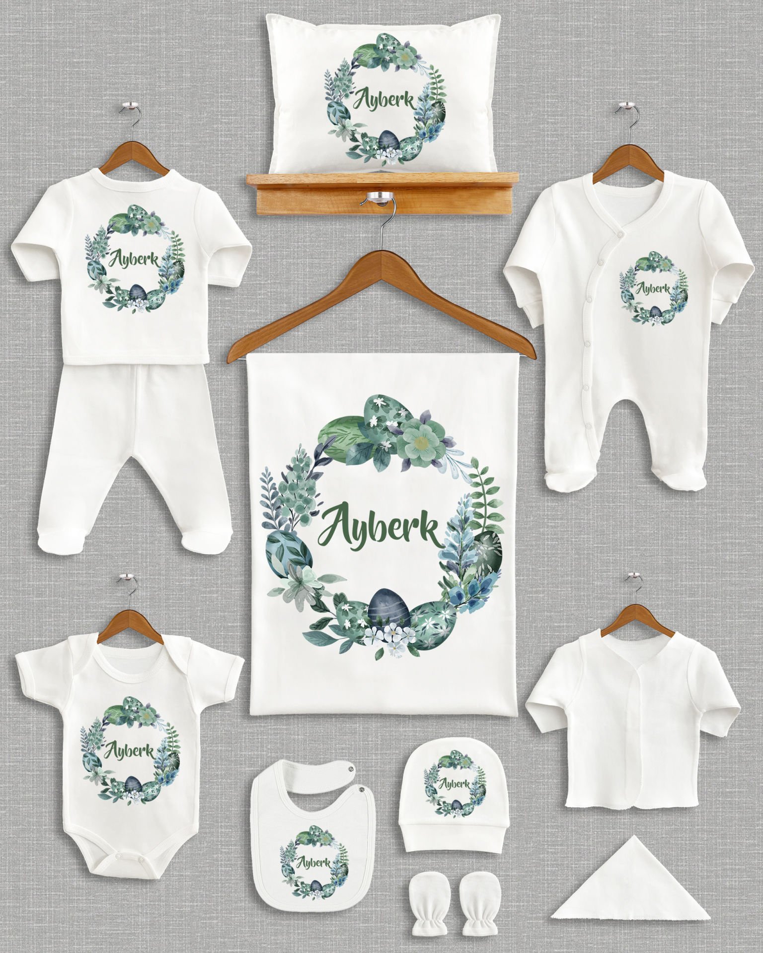 Yeşil Yapraklı Çelenk Tasarım 11'li Organik İsme Özel Hastane Çıkışı