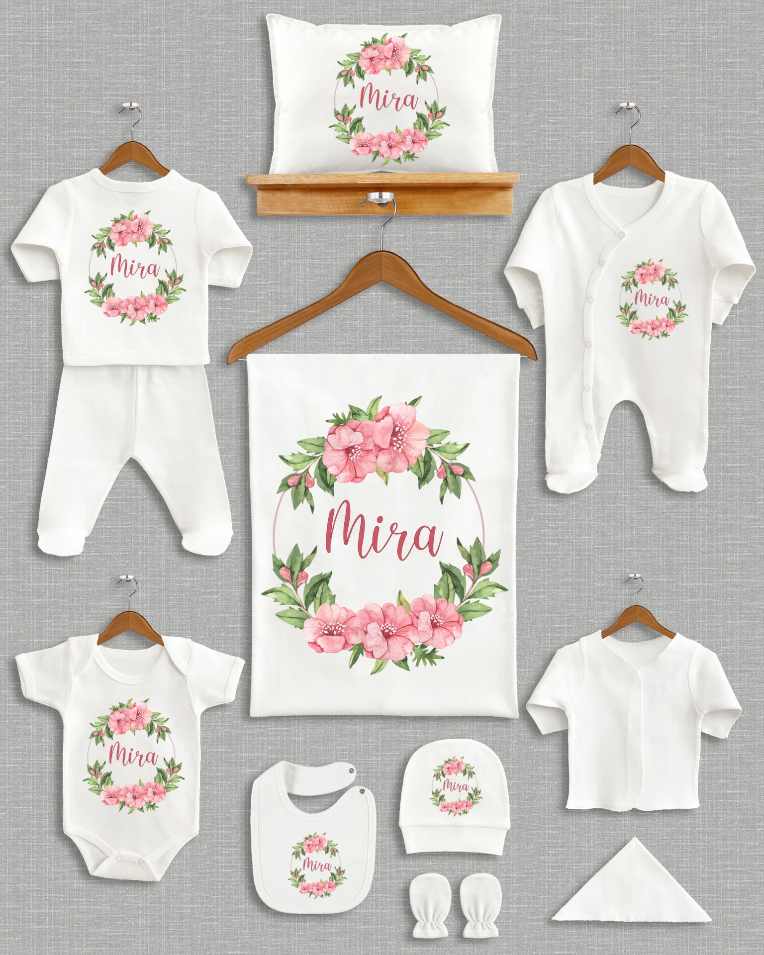 Yapraklı Pembe Çiçekli Tasarım 11'li Organik  Hastane Çıkışı