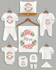 Yapraklı Pembe Çiçekli Tasarım 11'li Organik  Hastane Çıkışı