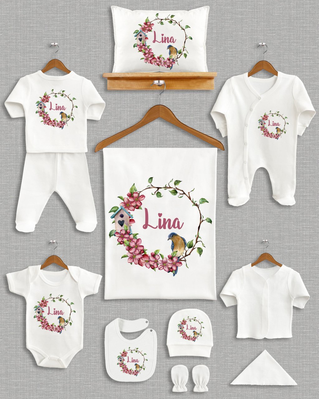 Çiçekli Kuş Tasarımı 11'li Organik Hastane Çıkışı