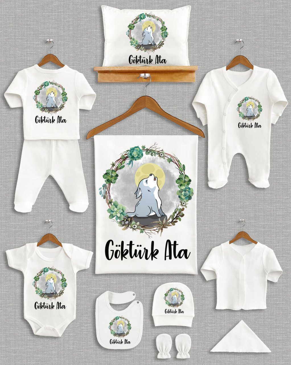 Yeşil Çiçekli Kurt Tasarımı 11'li Organik Hastane Çıkışı