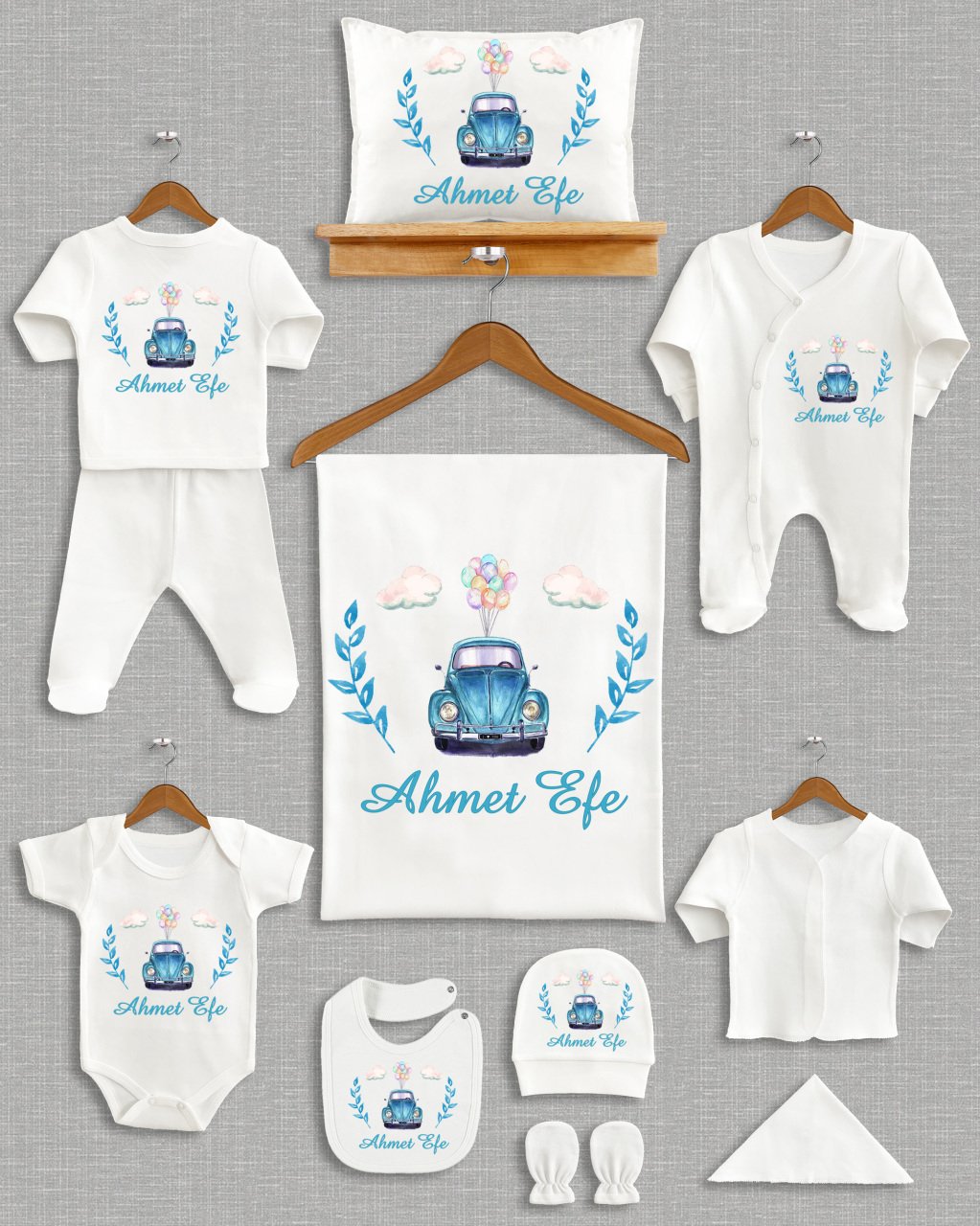 Balonlu Mavi Vosvos Tasarımı 11'li Organik Hastane Çıkışı